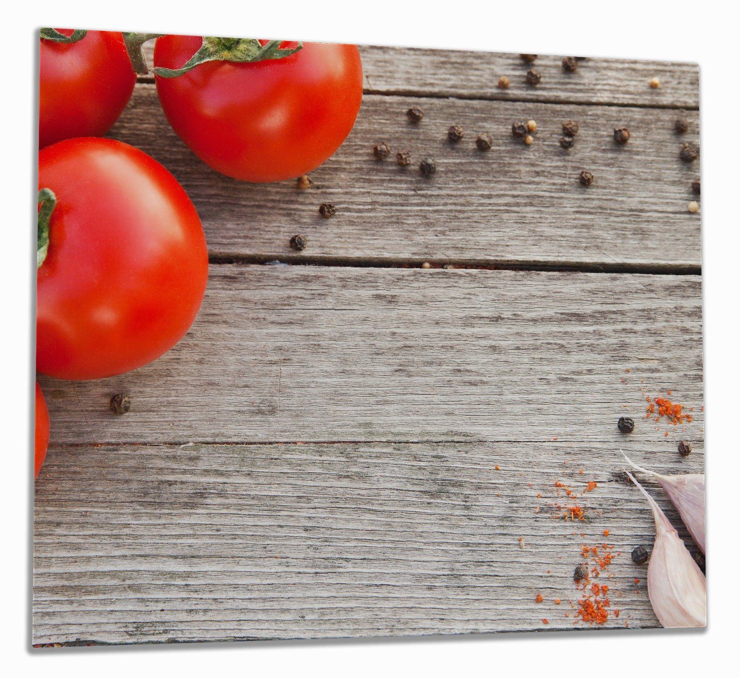 Wallario Herd-Abdeckplatte Tomaten und Gewürze auf altem Holztisch, ESG-Sicherheitsglas, (Glasplatte, 1 tlg., inkl. 5mm Noppen), verschiedene Größen