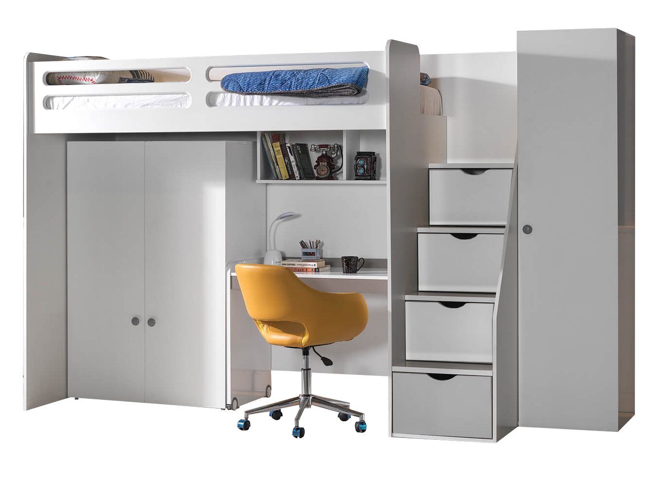 Möbel-Zeit Etagenbett Hochbett Smart mit weiss Schreibtisch Kleiderschrank und Treppenregal inkl