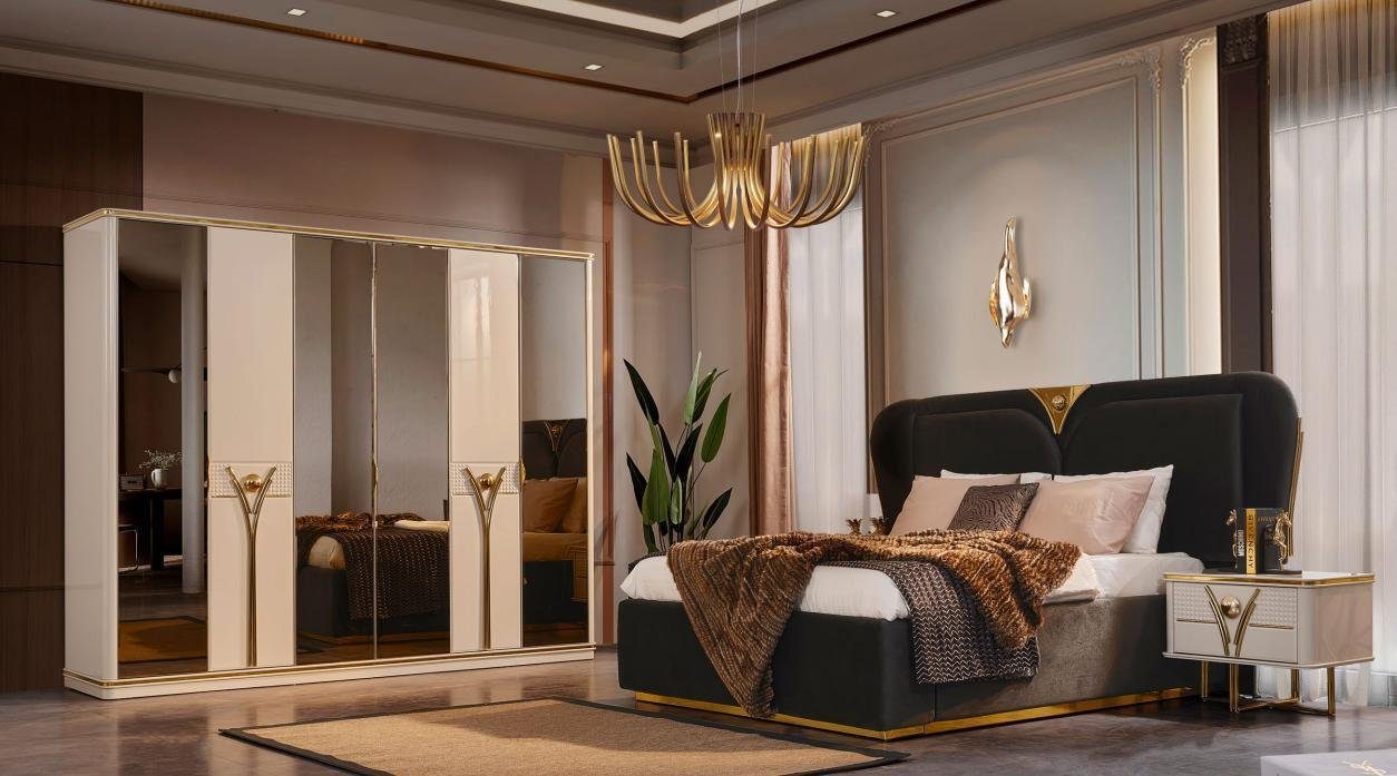JVmoebel Schlafzimmer-Set, (Bett / 2x Nachttische / Kleiderschrank), Luxus Schlafzimmer Doppelbett Garnitur Bett Modern Grau Set 4tlg