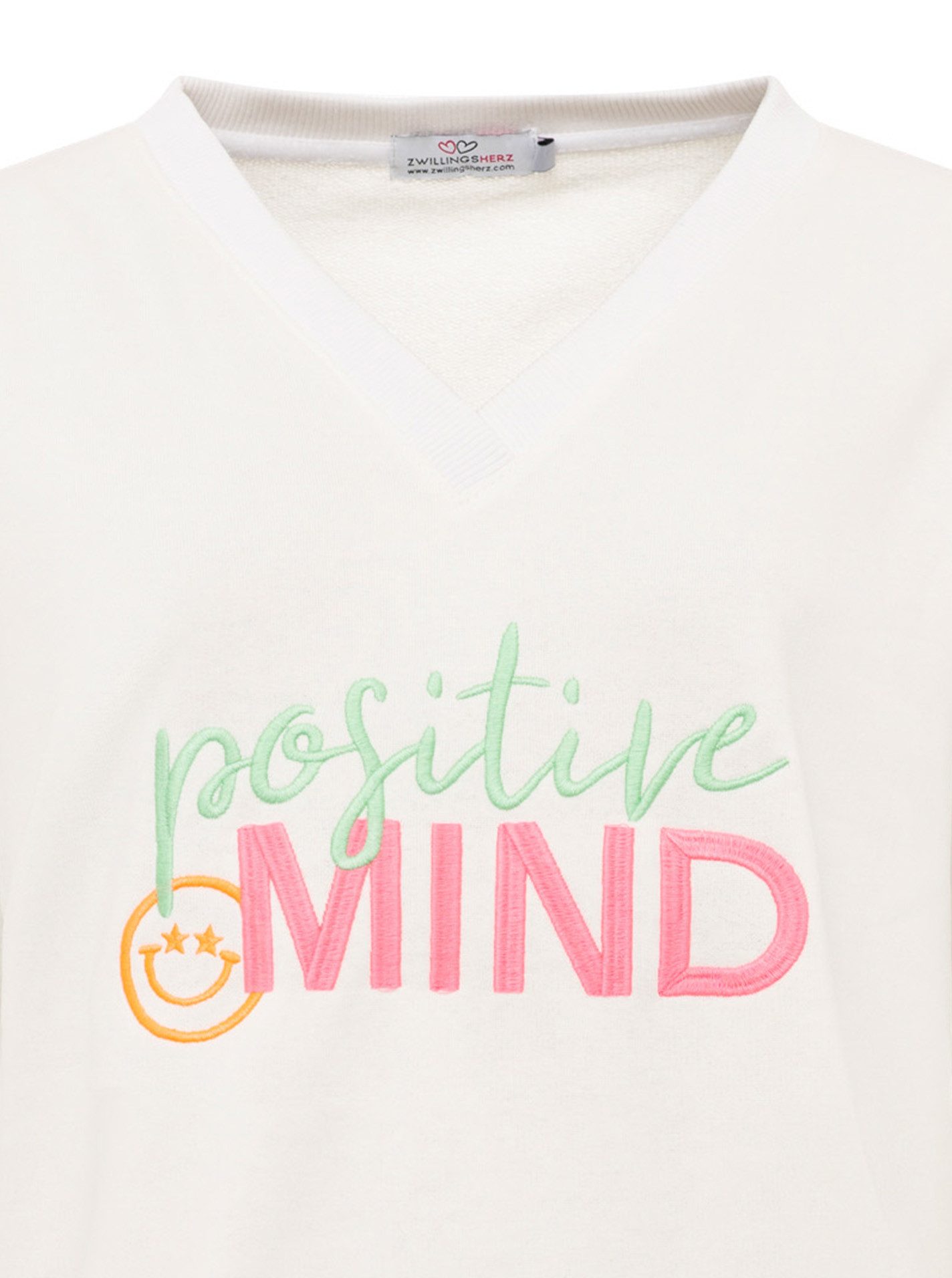 Zwillingsherz Hoodie "Positive Mind" neonfarbenen Bündchen, V-Ausschnitt, Seitenschlitze, Langarm – Bild 5 von 5
