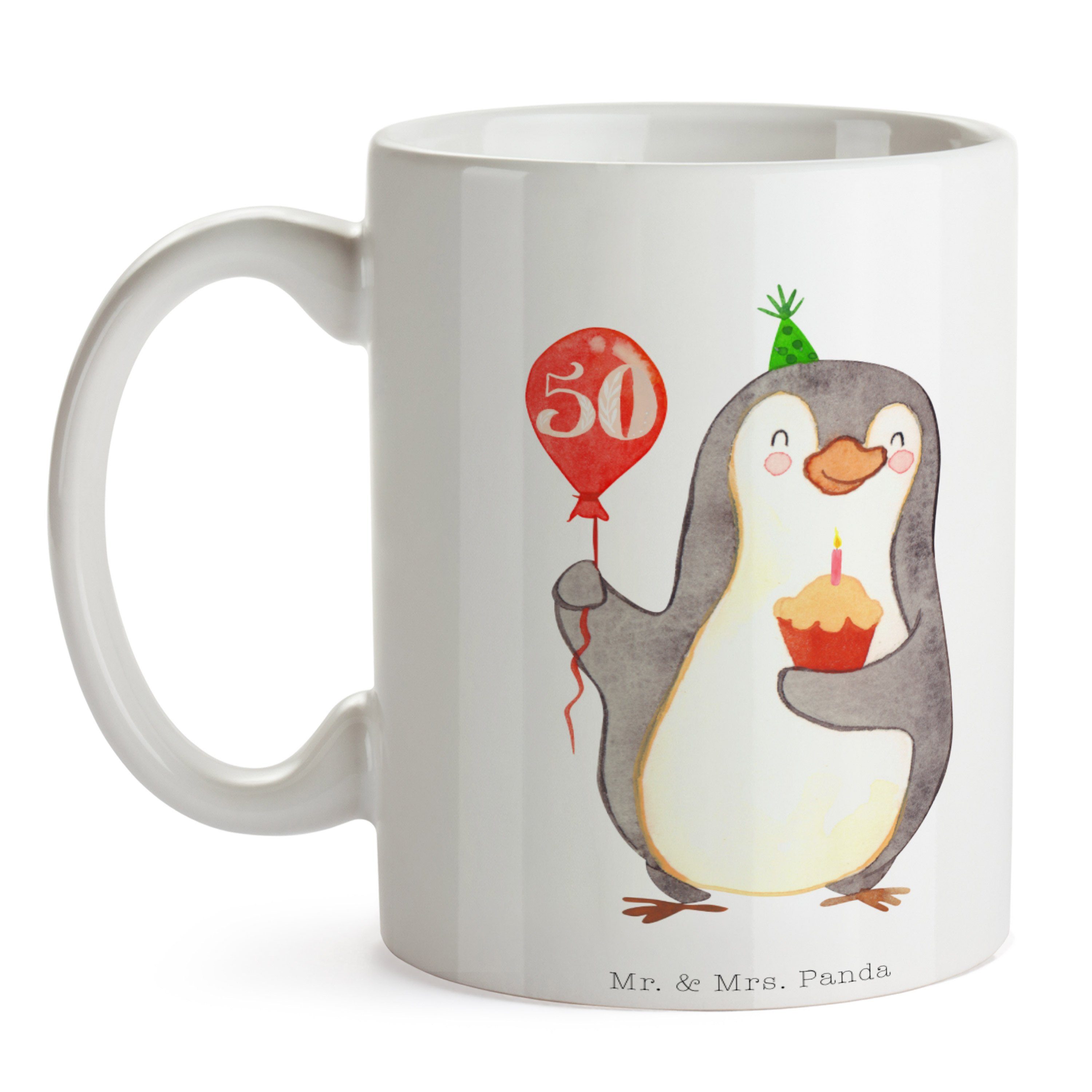 Mrs. Panda Tasse Pinguin K, Luftballon - Mr. 50. Weiß Tasse, Geburtstag - Becher, Keramik & Geschenk,