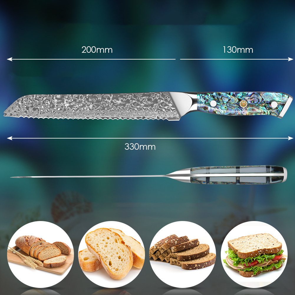 KingLux Damastmesser Damast Brotmesser mit Abalone-Muschel Griff aus VG10 Damaststahl