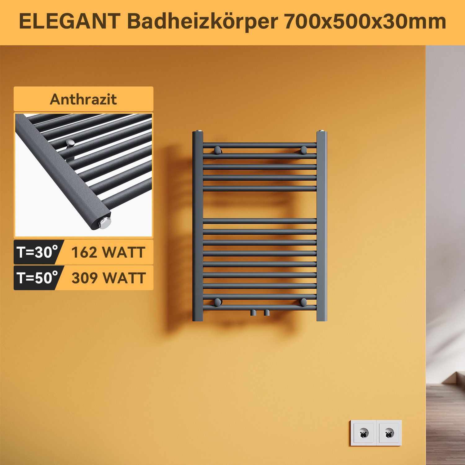 SONNI Badheizkörper Handtuchheizkörper Bad Handtuchwärmer Handtuchtrockner, Anthrazit, Mittelanschluss, mit/ohne Multiblock