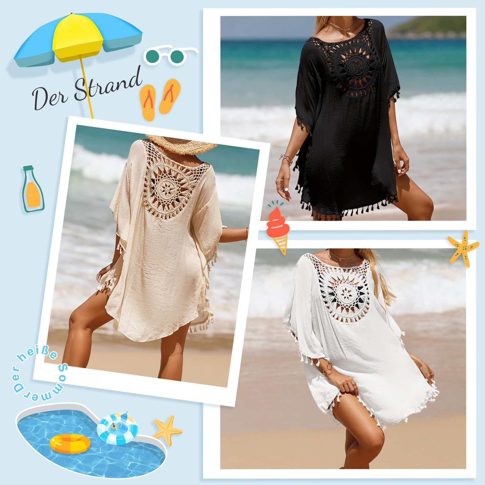 MOPUEA Strandkleid Damen-Badeanzug Strand-Badeanzug Bikini-Vertuschung Urlaubs-Outfits (1-tlg) Luftige Strandtunika mit Häkelspitze und Fransen – Einheitsgröße – Bild 4 von 5