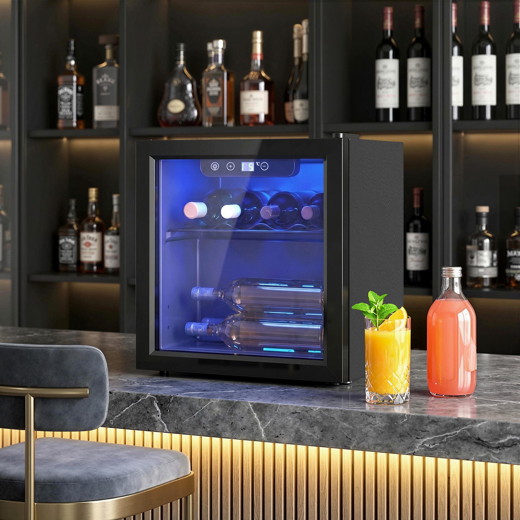 HOMCOM Weinkühlschrank mit 4-16°C, Glastür, LED-Beleuchtung, LED Display, für 12 Standardflaschen á 0,75l,36 Liter Getränkekühlschrank Klein