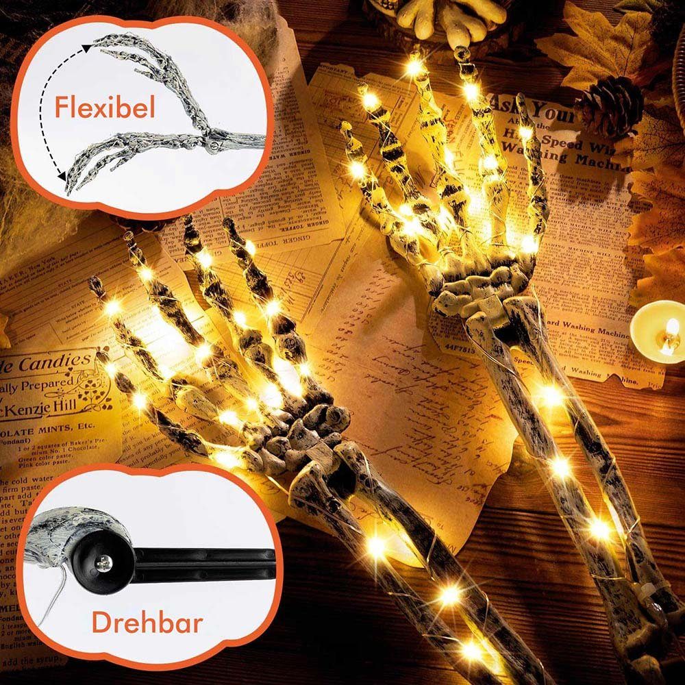MUPOO Dekofigur Halloween Dekor,LED Gartenleuchte Skeletthand 1/2 St.40 LEDs Warmweiße, 8 Modi & Timer Skelettarme-Handpfähle,Lichterketten