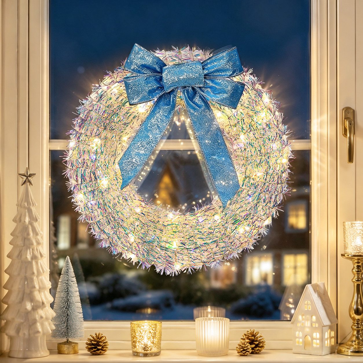 Kunstkranz weihnachtsdeko 30cm, Türkranz Weihnachten mit 40 LEDs, adventskranz, Quntis, adventskranz mit led & blaue Schleife, Weihnachtsdekoration