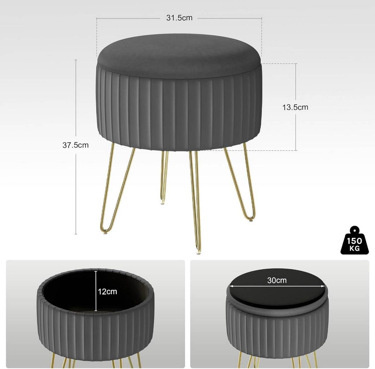 Woltu Sitzhocker (1 St), mit Stauraum, Polsterhocker, Kleiner Hocker rund, Metallbeinen