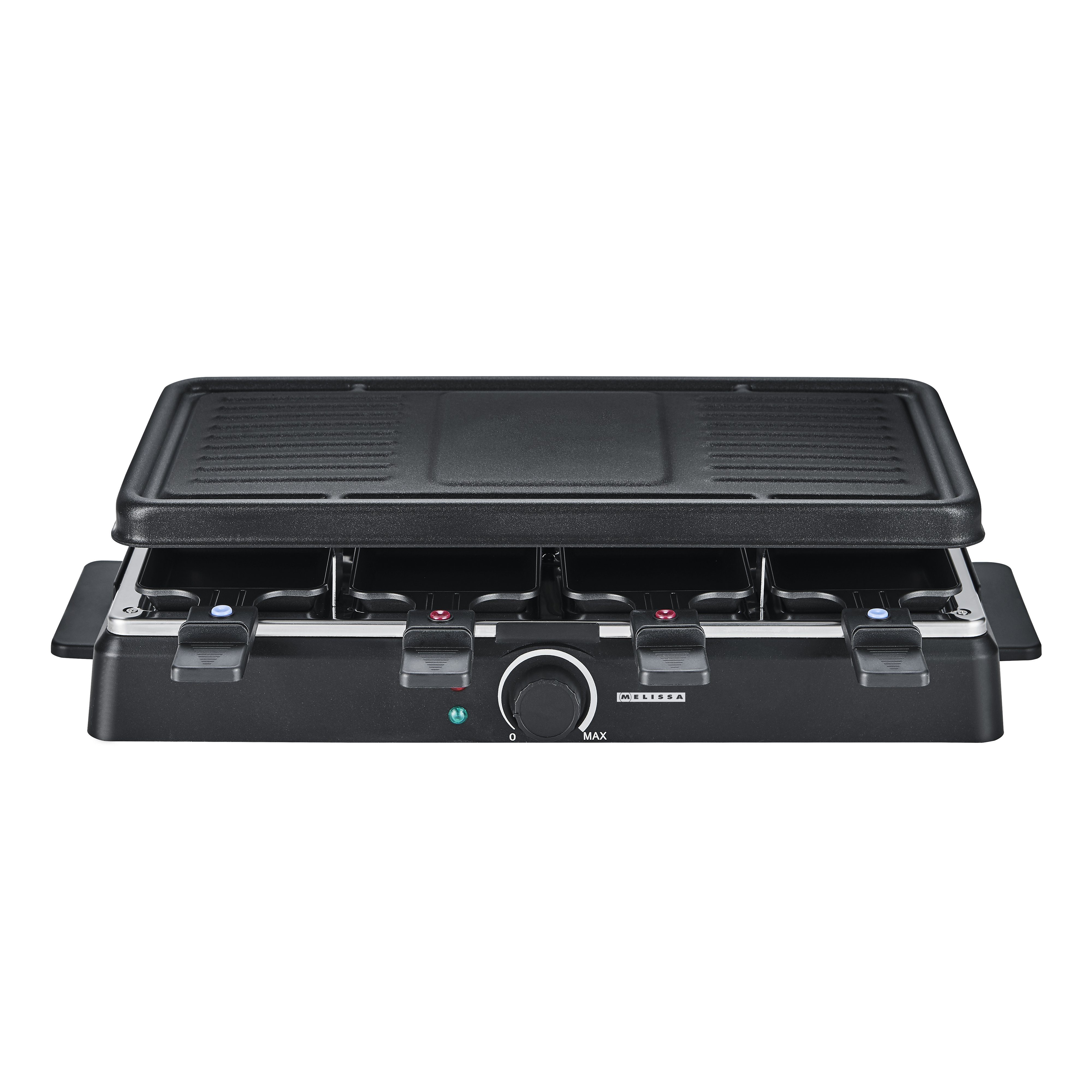 MELISSA Raclette 8 Personen Gourmet Schwarz, 8 Raclettepfännchen, Grillplatte für 8 Pers. mit Antihaft, Temperaturkontrolle & rutschfest