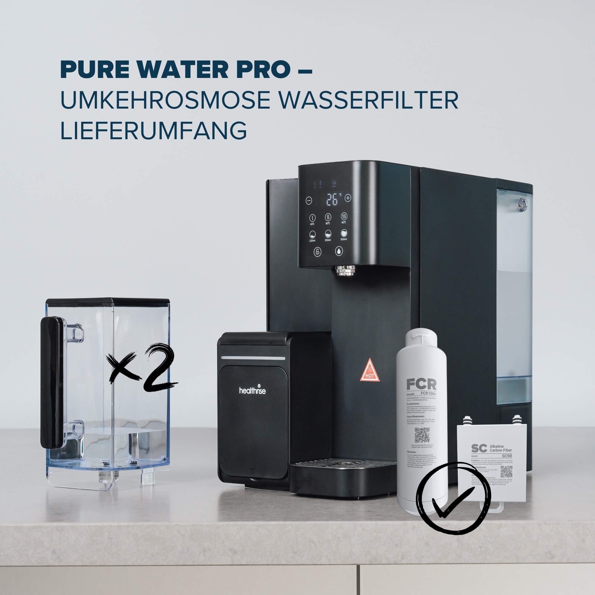 Health Rise Wasserfilter Pure Water Pro, Umkehrosmoseanlage, schwarz, extra Karaffe