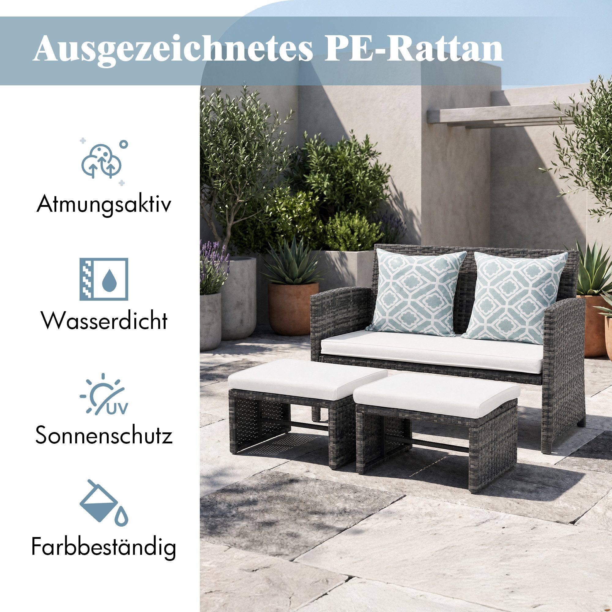 Sunsitt Gartenbank Outdoor Loveseat (3-tlg Terrassenmöbel-Set, Allwetter Rattan Gartenbank mit 2 Hocker), Grau Rattan&Grau Kissen