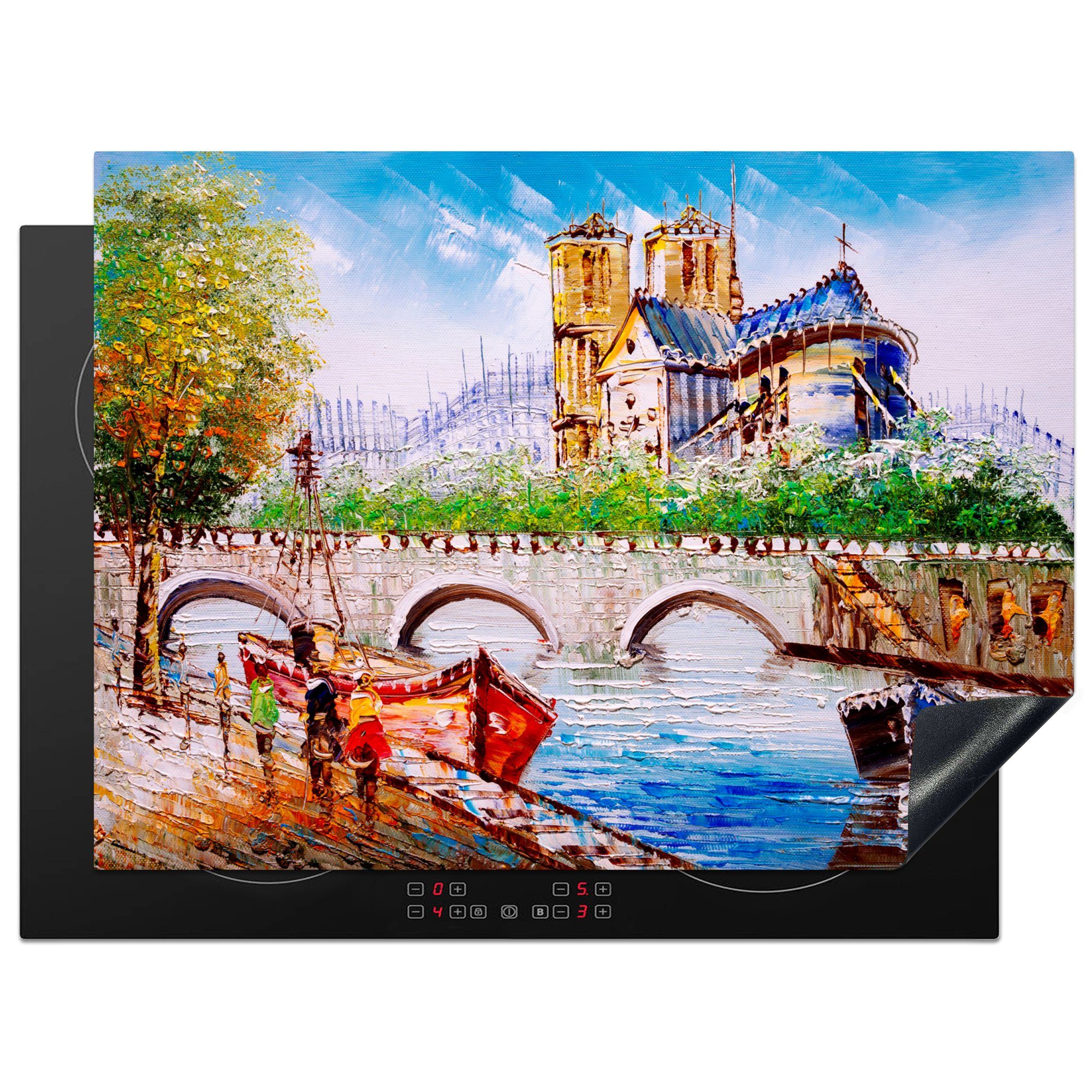 MuchoWow Herdblende-/Abdeckplatte Gemälde - Paris - Boot - Brücke, Vinyl, (1 tlg), 70x52 cm, Mobile Arbeitsfläche nutzbar, Ceranfeldabdeckung
