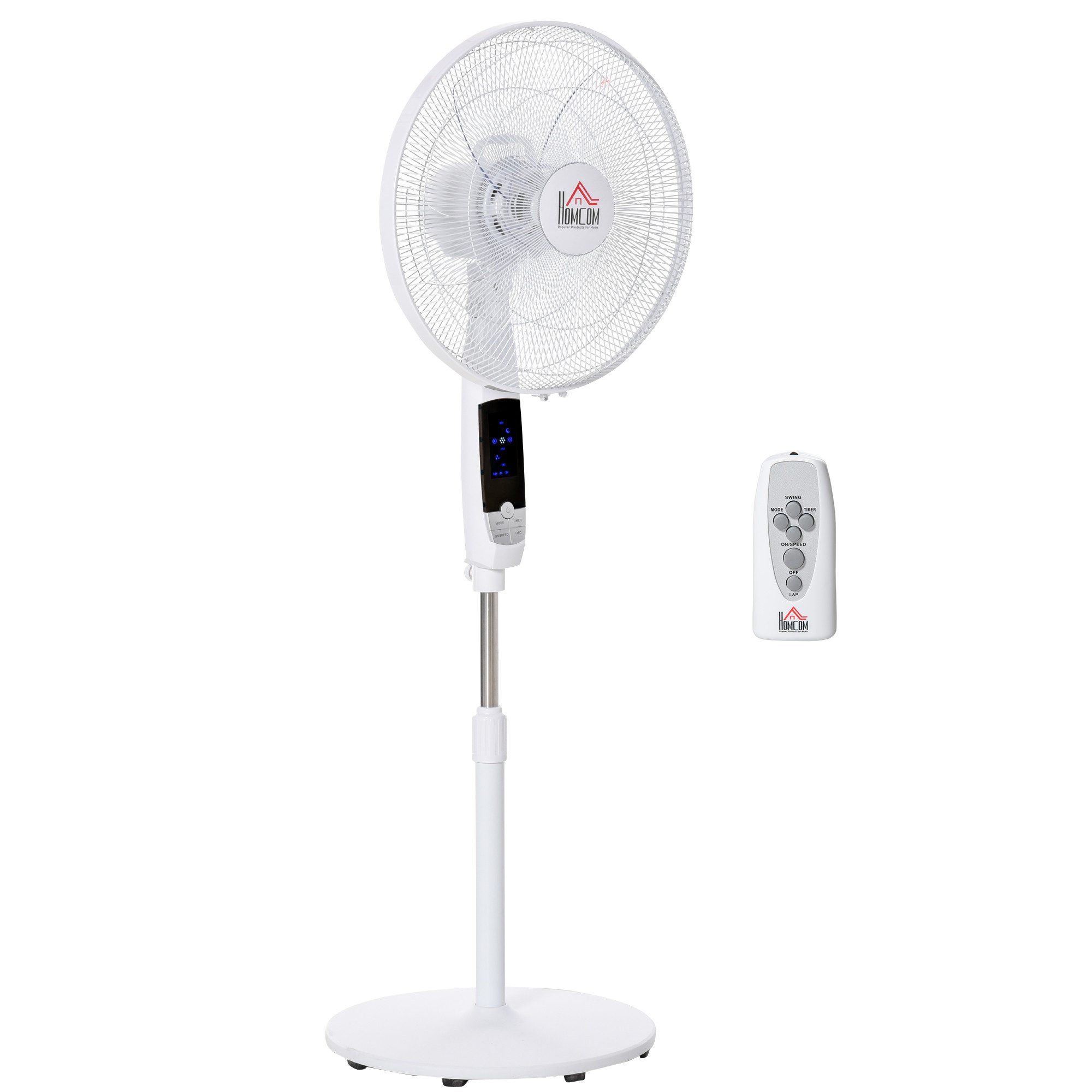 HOMCOM Standventilator 138 cm Ventilator mit 5h Timer Fernbedienung höhenverstellbarer Lüfter, mit 3 Geschwindigkeitsstufen Stahl Weiß