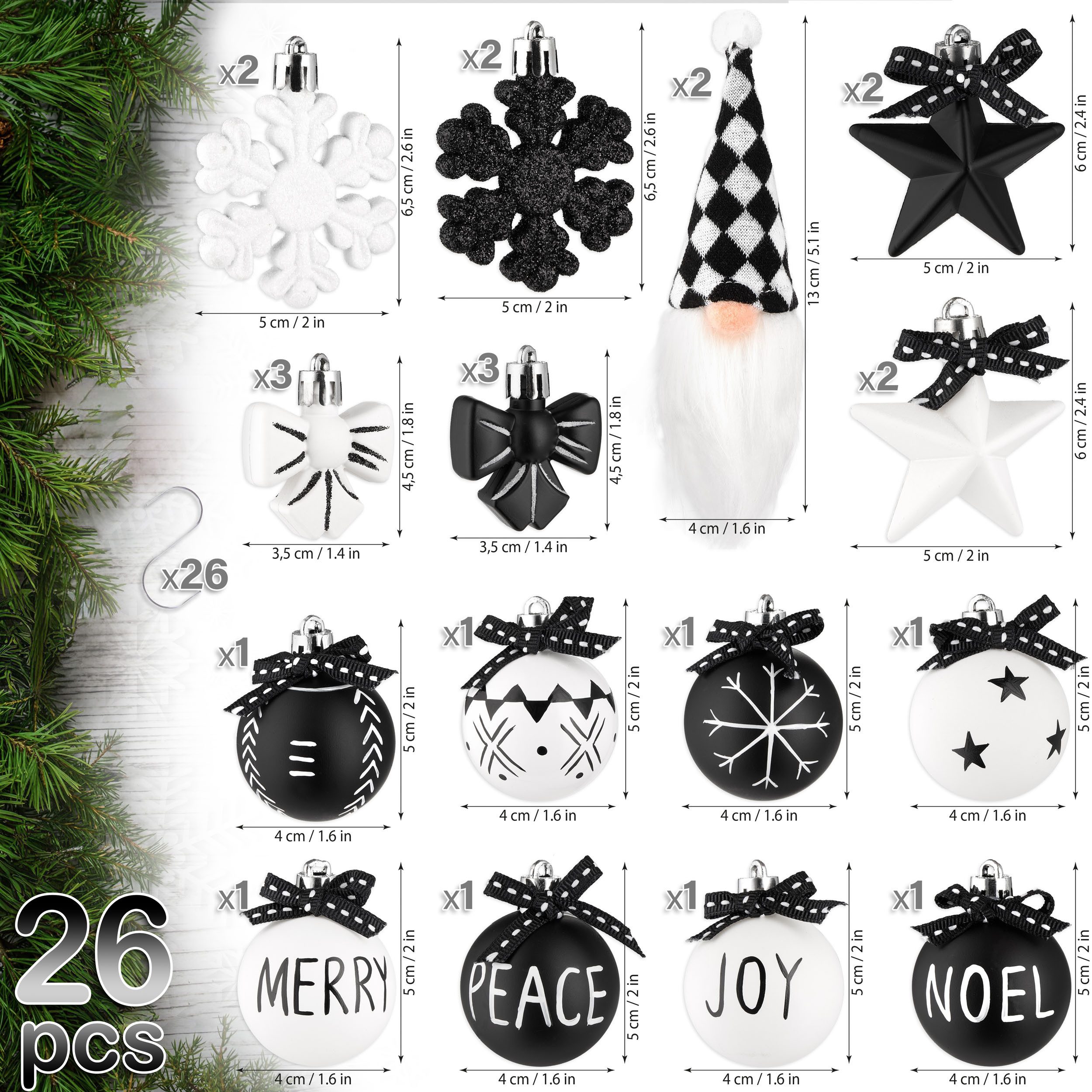 BRUBAKER Weihnachtsbaumkugel 24 Stück Christbaumschmuck Black and White - Weihnachtskugel Set (70 St), Wichtel, Schneeflocken, Merry, Peace, Joy und Noel Baumku – Bild 2 von 5