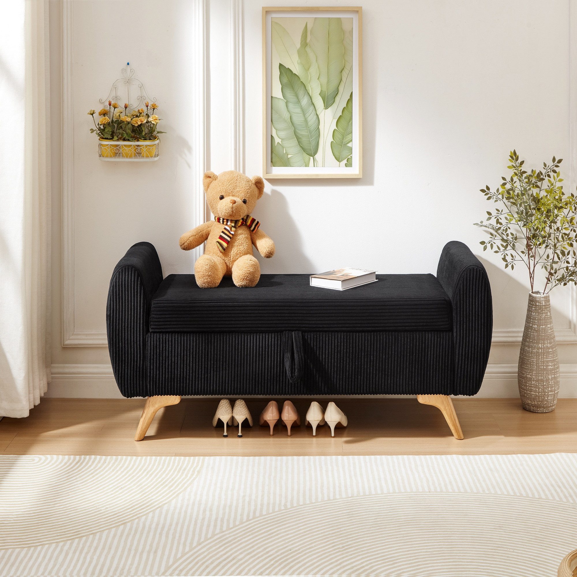 i@home Bettbank Truhenbank mit Stauraum, Armlehne klappbare Cord‑Sitzbank (mit Massivholzbeinen, atmungsaktiver Cordstoff, 1-St), gepolsterte Polsterbank für Schlafzimmer, Flur & Wohnzimmer