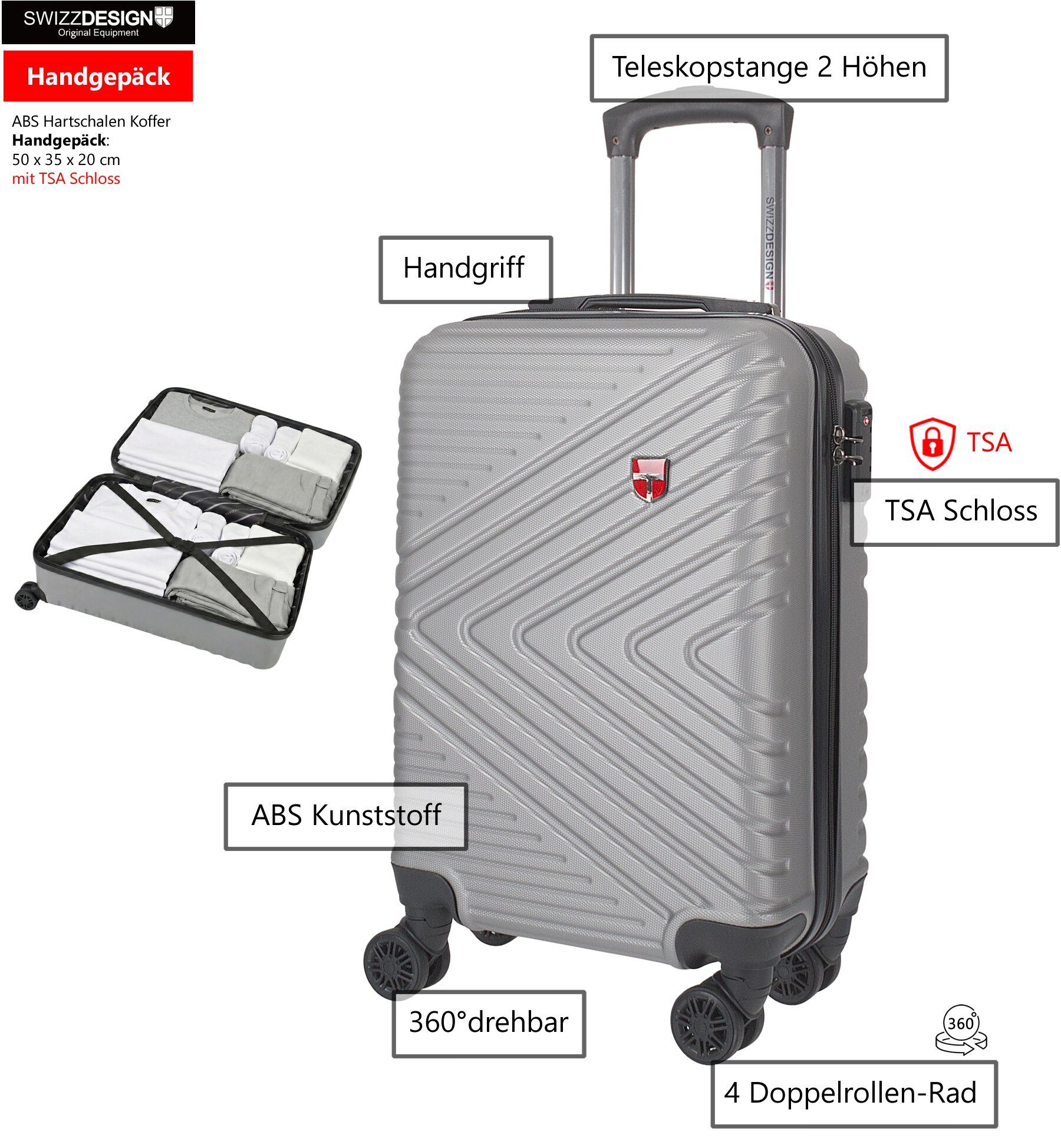 SWIZZDESIGN Handgepäckkoffer Koffer 50 cm 35 Liter Hartschalenkoffer Trolley Hartschale, Handgepäck Koffer Ryanair mit Trennwand Schloss 481-1 Grau – Bild 3 von 5