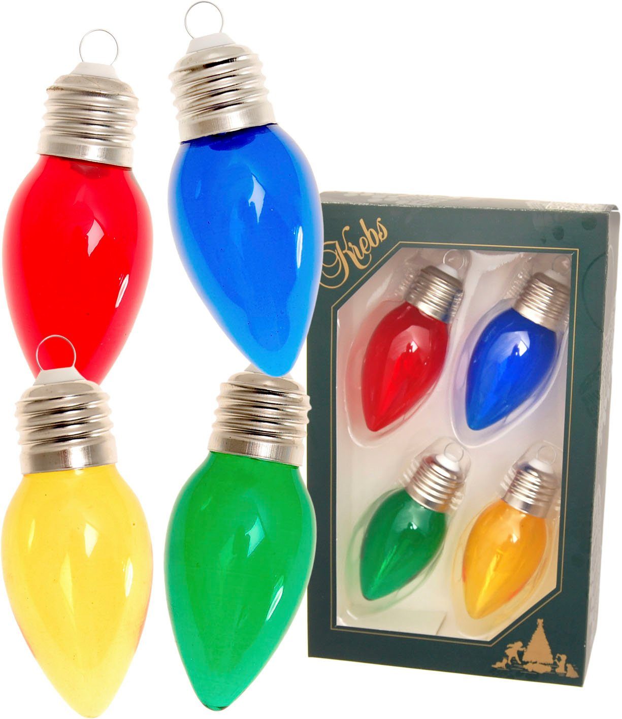Krebs Glas Lauscha Christbaumschmuck Glühbirne rot/goldfarben/grün/blau, Höhe ca. 9 cm (4-tlg), Weihnachtsdeko, Christbaumkugeln aus Glas, Weihnachtsbaumkugel