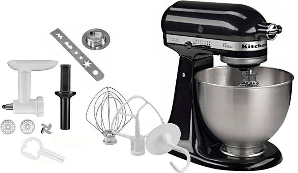 KitchenAid Küchenmaschine 5K45SSEOB ONYX BLACK, 275 W, 4,3 l Schüssel, Gratis Fleischwolf/Spritzgebäckvorsatz (Wert ca. 129,-UVP)