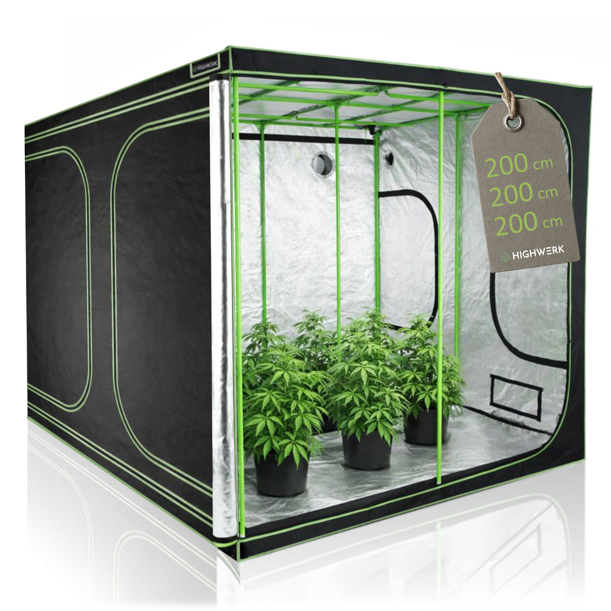 HIGHWERK Gewächshaus Grow Tent 200 x 200 x 200 cm schwarz/grün Pflanzenzucht Indoor, Belüftungsklappen mit Netzeinsatz