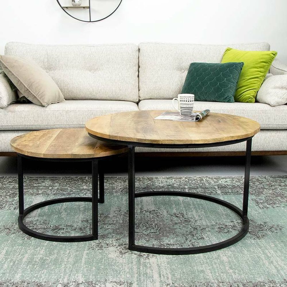 Couchcenter Couchtisch 2er Set Couchtisch Mangoholz rund Metall Mango Satzt günstig online kaufen