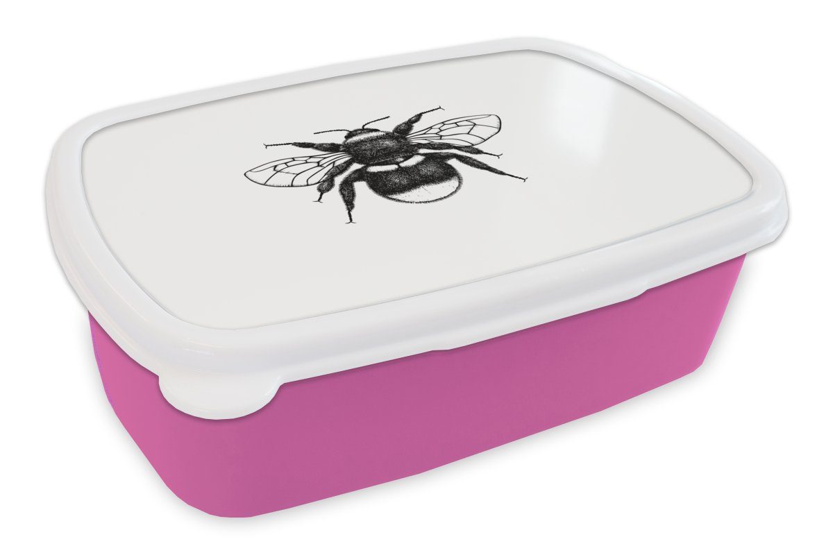 MuchoWow Lunchbox Hummel - Botanisch - Retro - Insekten, Kunststoff, (2-tlg), Brotbox für Erwachsene, Brotdose Kinder, Snackbox, Mädchen, Kunststoff rosa