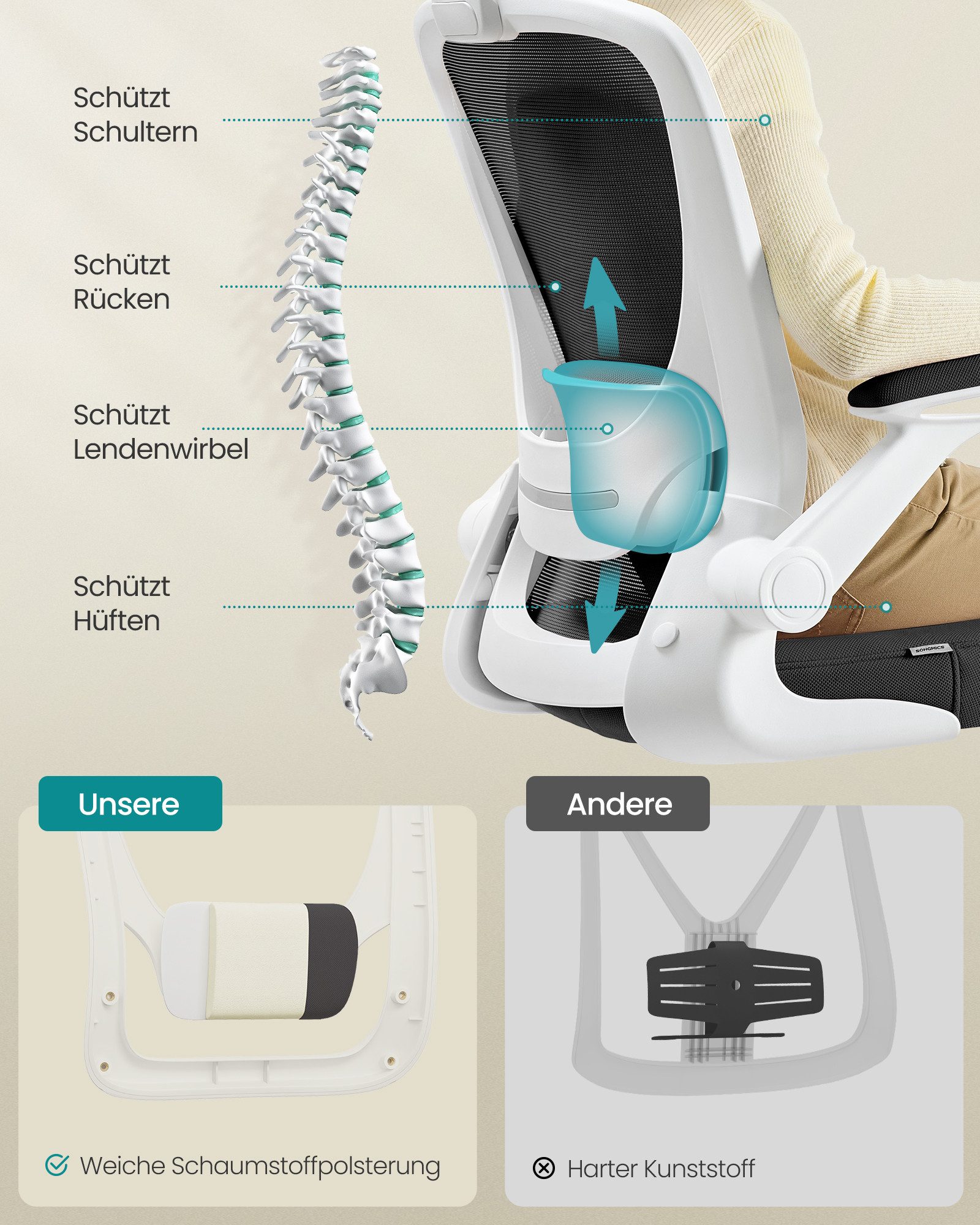 SONGMICS Bürostuhl ergonomischer Drehstuhl mit Mesh, Lendenstütze, Wippfunktion, ohne Kopfstütze, 53 cm breite Sitzfläche und klappbaren Armlehnen – Bild 4 von 5