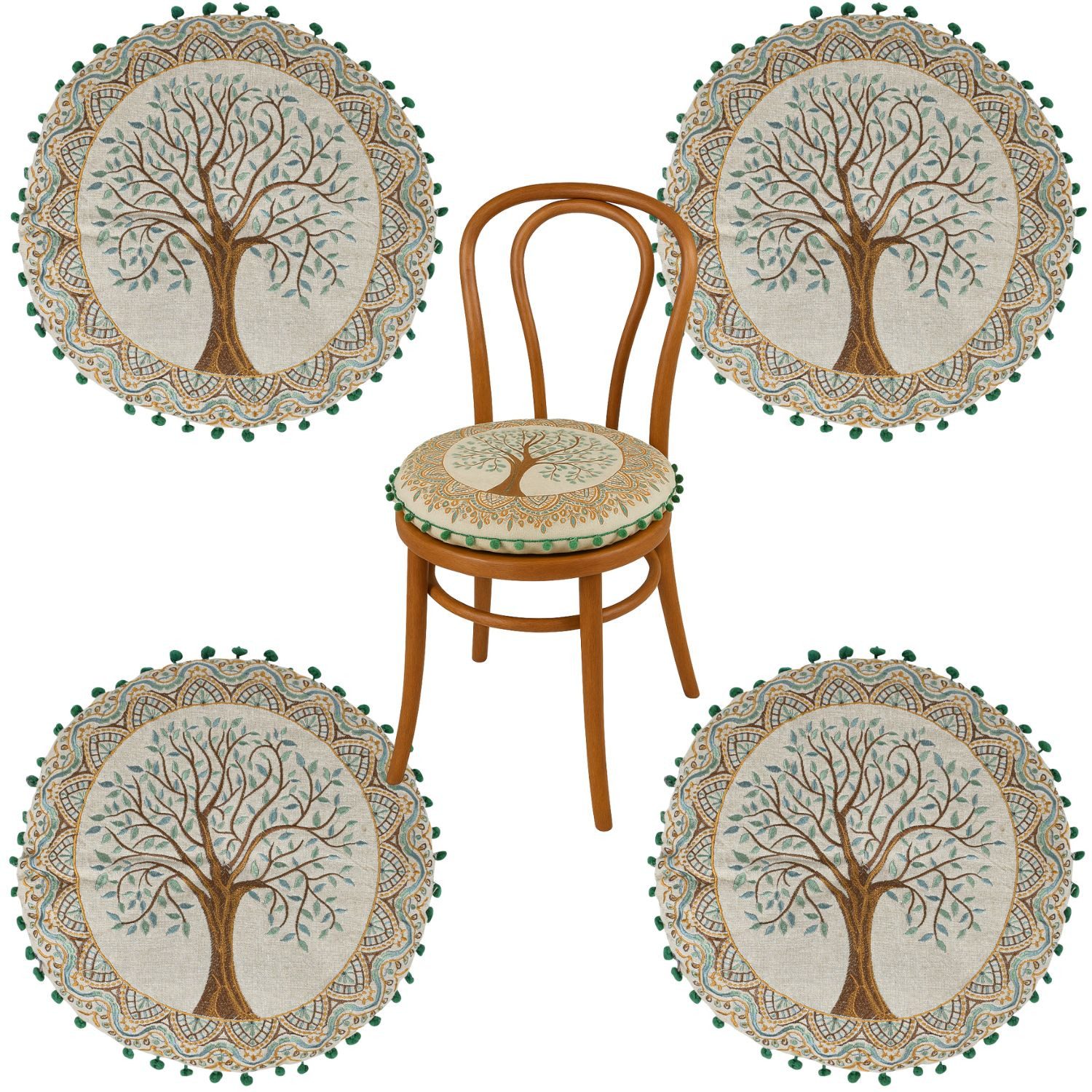 Marrakesch Orient & Mediterran Interior Stuhlkissen 4er Set Rundes Stuhlkissen Guansha Braun Baum des Lebens Ø40x6cm, Handarbeit