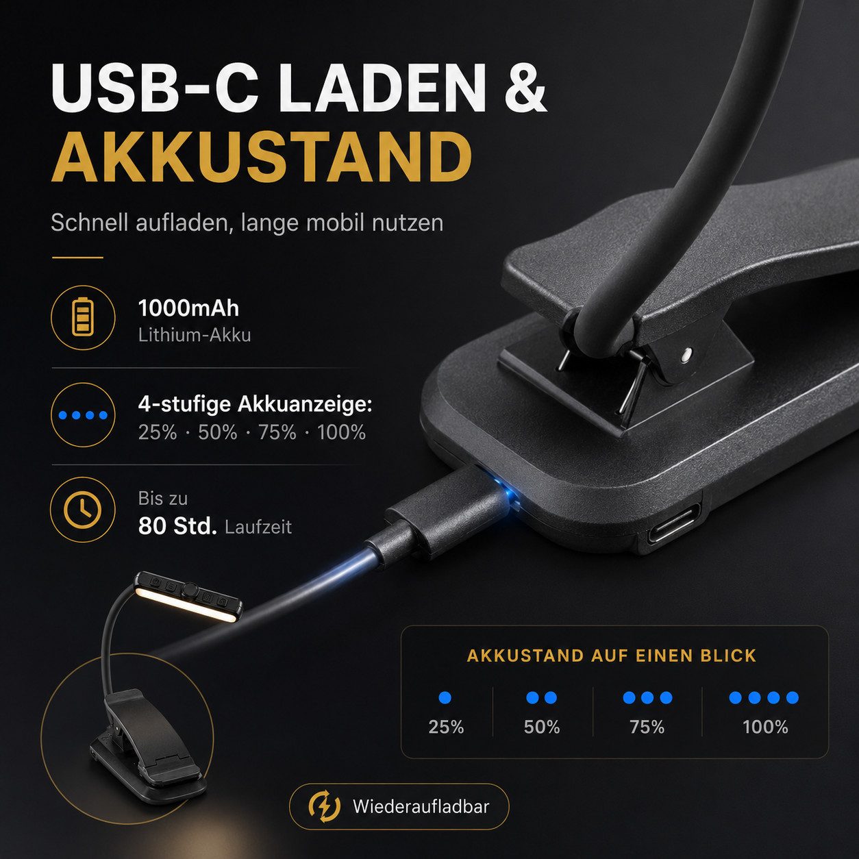 Fyrove LED Leselampe LED Leselampe mit Klemme, 24 LEDs, 3 Lichtfarben 5 Helligkeitsstufen, stufenlos dimmbar, 1000 mAh Akku, USB-C, 315° drehbare Klemmleuchte,  – Bild 3 von 5