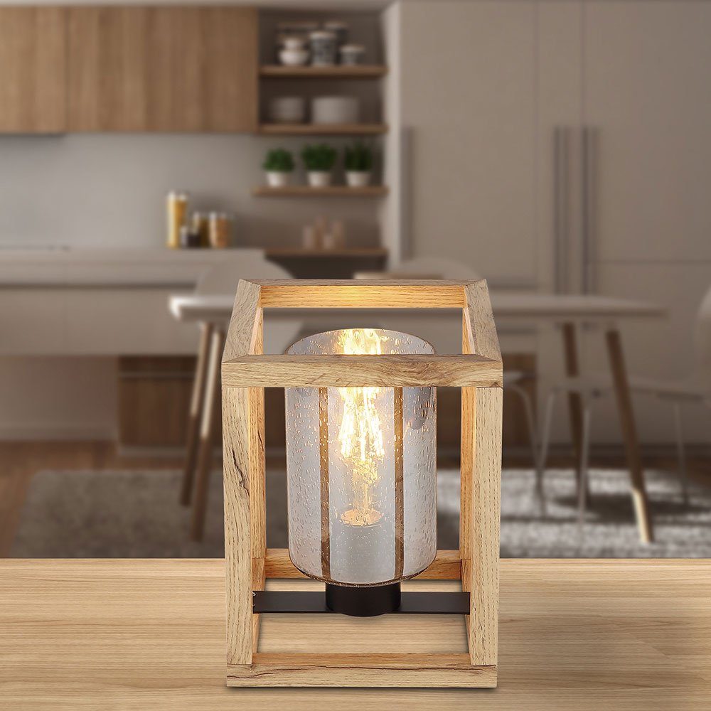 etc-shop LED Tischleuchte, Leuchtmittel Holz Tischlampe Glas inklusive, nicht rauch Nachttischleuchte Luftblasen Design
