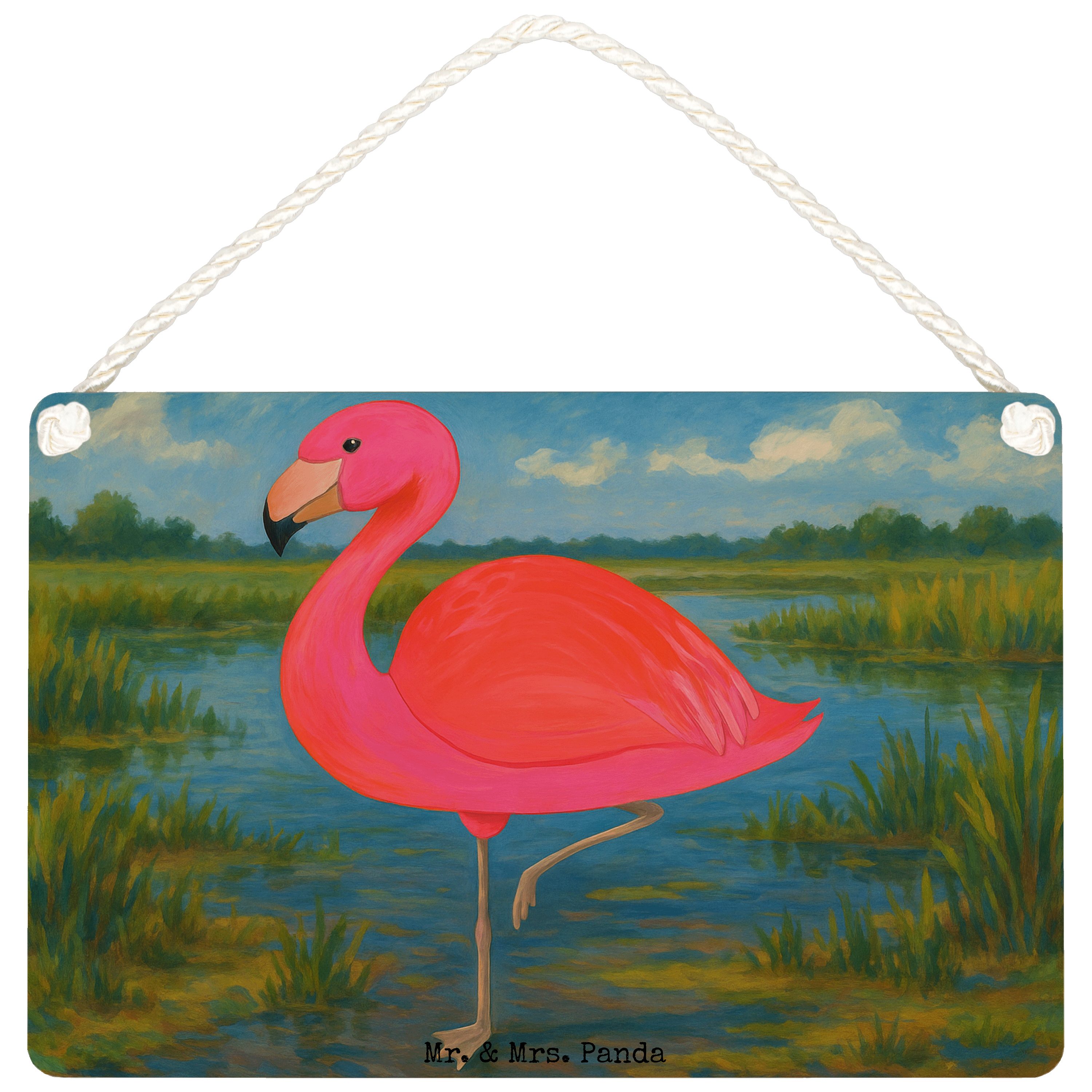 Mr. & Mrs. Panda Hinweisschild Flamingo Classic Design, holzbild DIN A4, Weiß, Wandbild Holz, Prächt, (Packung), Dekoschild Deko Schild wandtafel