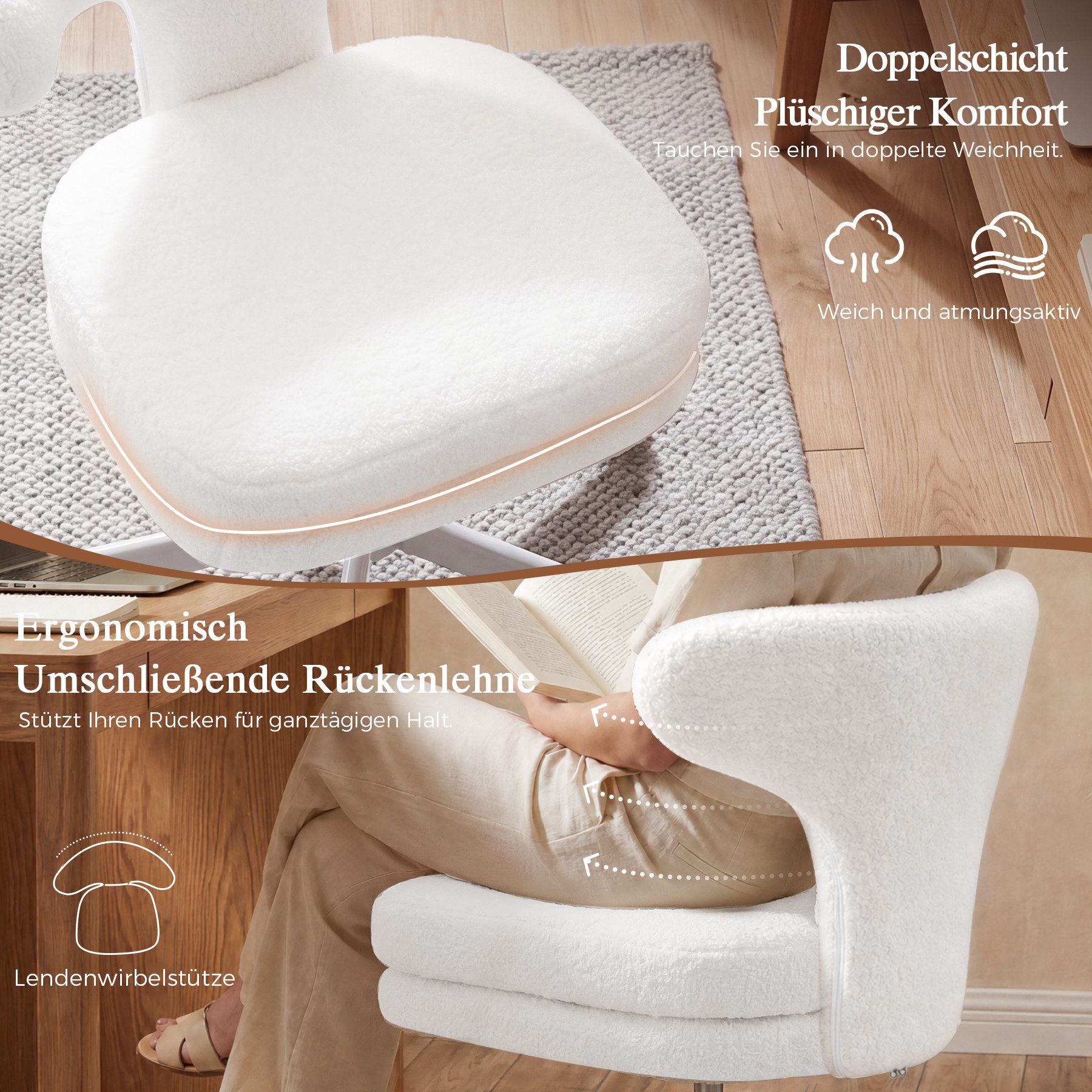 COMHOMA Bürostuhl Homeoffice Stuhl Schminkstuhl mit Rollen, Drehstuhl, mit Umschließender Rückenlehne und Zweilagiges Sitzkissen – Bild 4 von 5