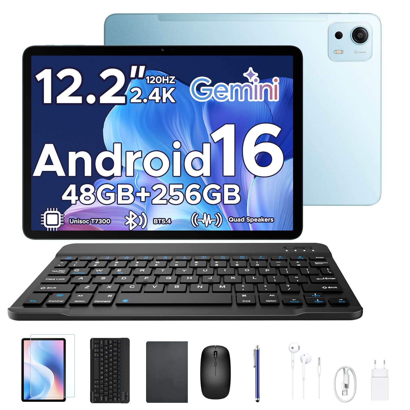 POCKAM P12 Plus 12 Zoll, 2,4K 120 Hz, Android 16, 12000 mAh, mit Tastatur Tablet (12", 256 GB, Android 16, 256GB ROM, T7300 Octa-core,5G WiFi, 8MP+13MP, Gemini AI, Face ID, OTG)