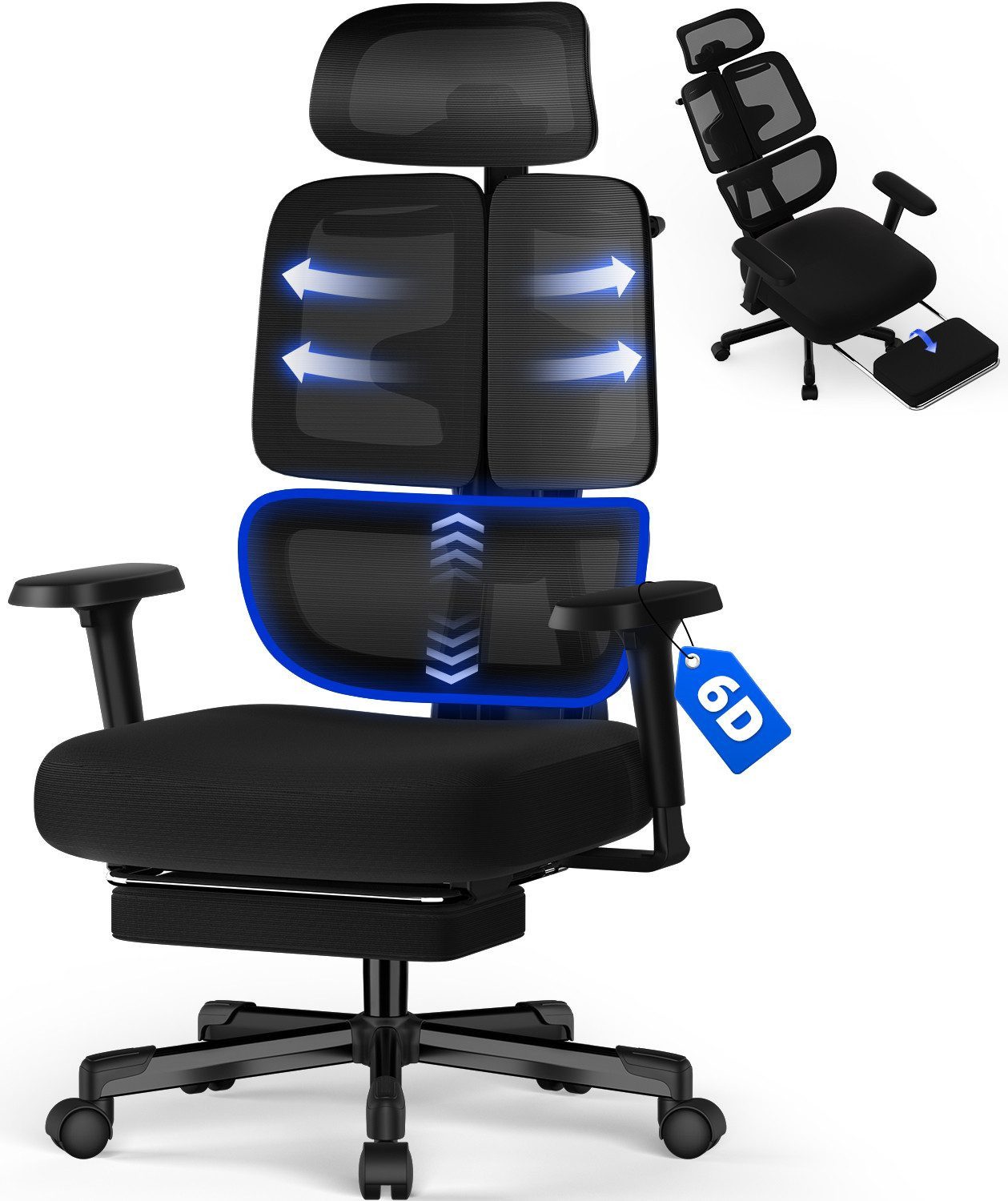 Hiazurm Bürostuhl Bürostuhl, Chefsessel, ergonomischer Schreibtischstuhl, atmungsaktiv (3-stufig arretierbare Rückenlehne, adaptives Rückenlehnendesign, dynamische, selbsteinstellende 20°-Lendenwirbelstütze, verstellbare 3D-Kopfstütze, 6D-Multifunktionsarmlehnen), Atmungsaktiver Netzbezug,Bis 200 kg