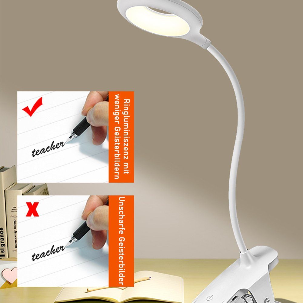 Modus Aufladbar Leselampe LED Klemmlampe, LED zggzerg Tischlampe, Touch-Steuerung,3 USB Akku