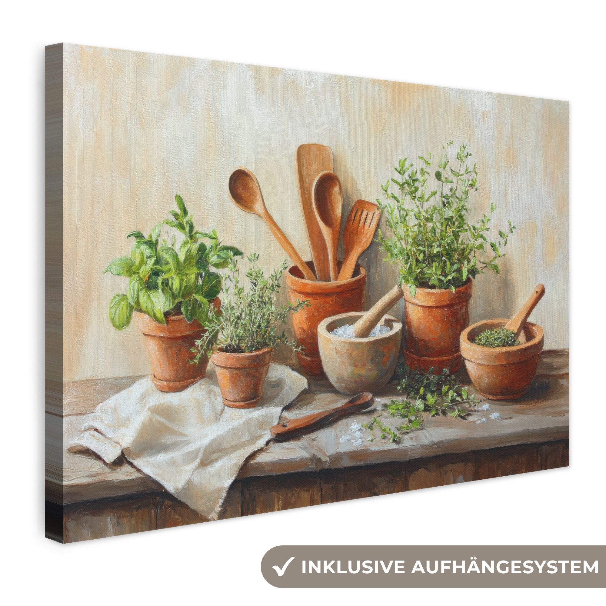 OneMillionCanvasses® Leinwandbild Töpfe - Kräuter - Holz, Fotodruck (1 St), Leinwand Bilder Klein, Wand Dekoration Aesthetic 30x20 cm