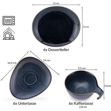 Konsimo Kaffeeservice Kaffeetasse Untertasse Dessertteller (18-tlg), 6 Personen, Porzellan, TIME BLACK, unregelmäßige Form, Hartporzellan mit reaktiver Glasur