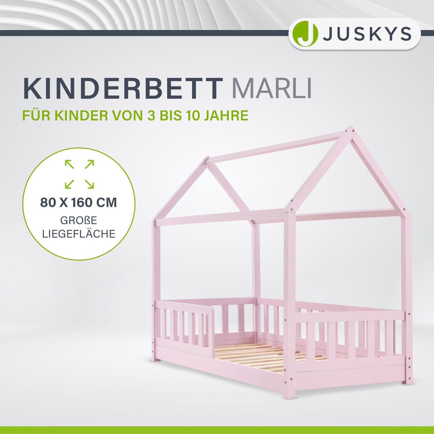 Juskys Kinderbett Marli, 80x160 cm, Hausoptik mit Dach, Holz, Rausfallschutz, 3 - 10 Jahren
