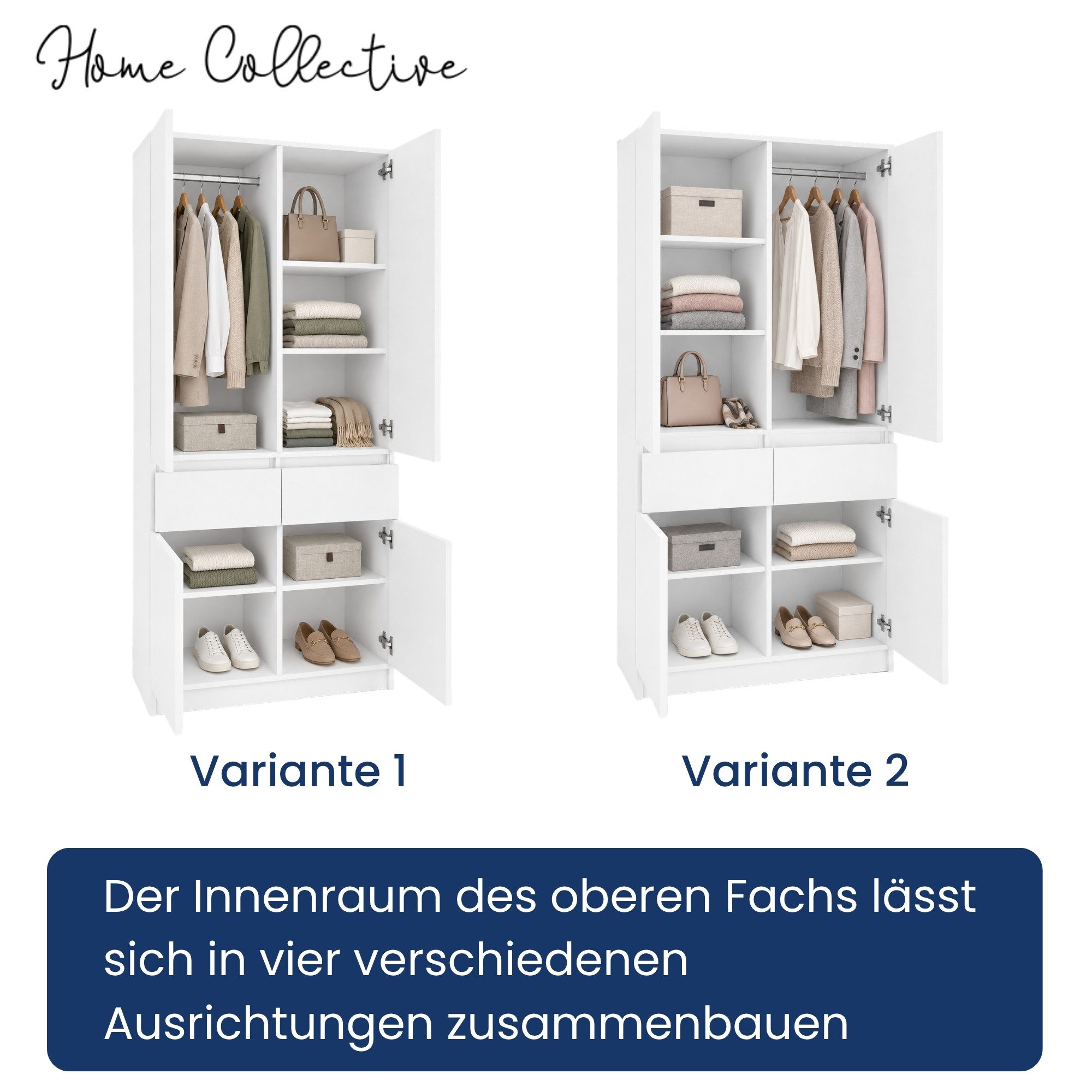 Home Collective Kleiderschrank Schrank Schlafzimmer Garderobenschrank Mehrzweckschrank Hochschrank (100 cm breit, mit 2 Schubladen, Kleiderstange & Einlegeböden – Bild 4 von 5