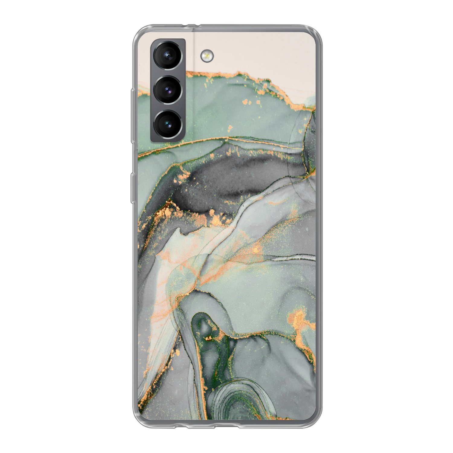 MuchoWow Handyhülle für Samsung Galaxy S21 Gold - Marmor - Grün - Luxus - Glitzer - Marmor, Phone Case, Silikon, Schutzhülle Dünn