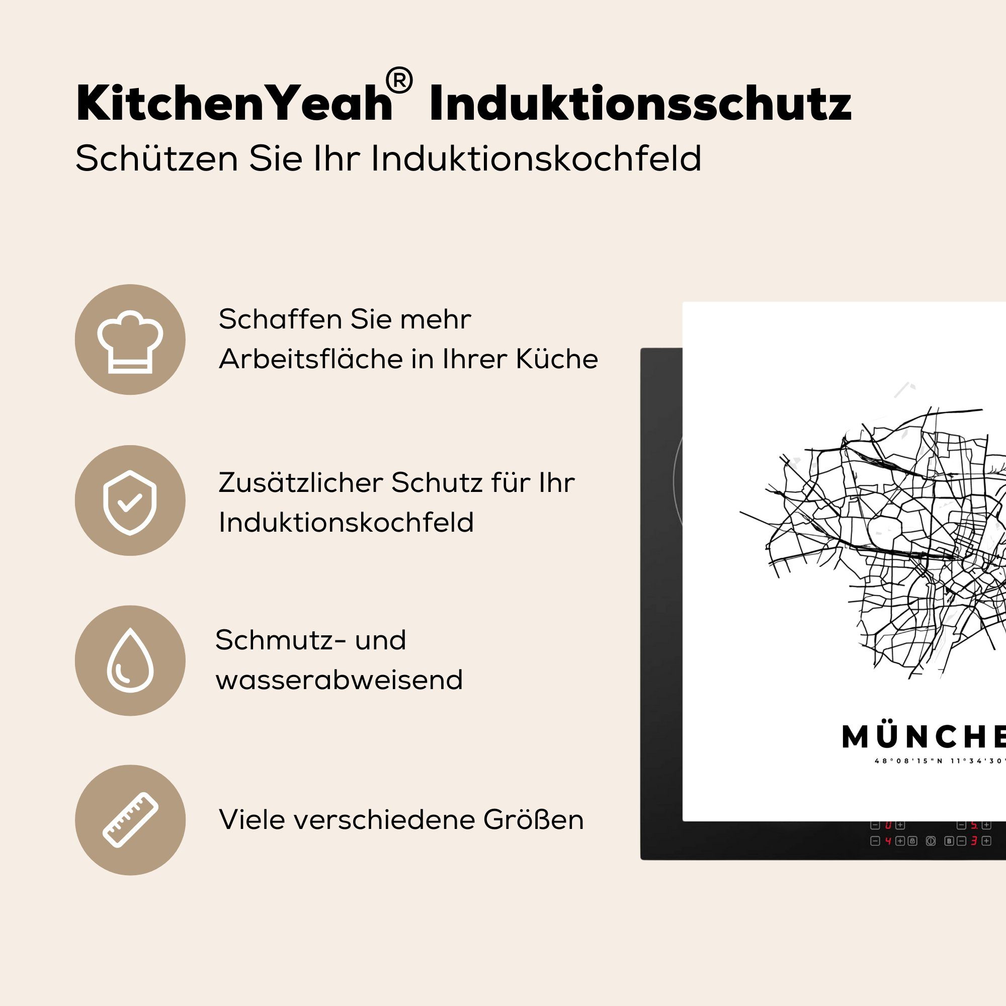 MuchoWow Deutschland tlg), - küche für cm, - - Arbeitsplatte Schwarz-Weiß, München Herdblende-/Abdeckplatte Vinyl, Karte 78x78 (1 Stadtplan - Ceranfeldabdeckung,