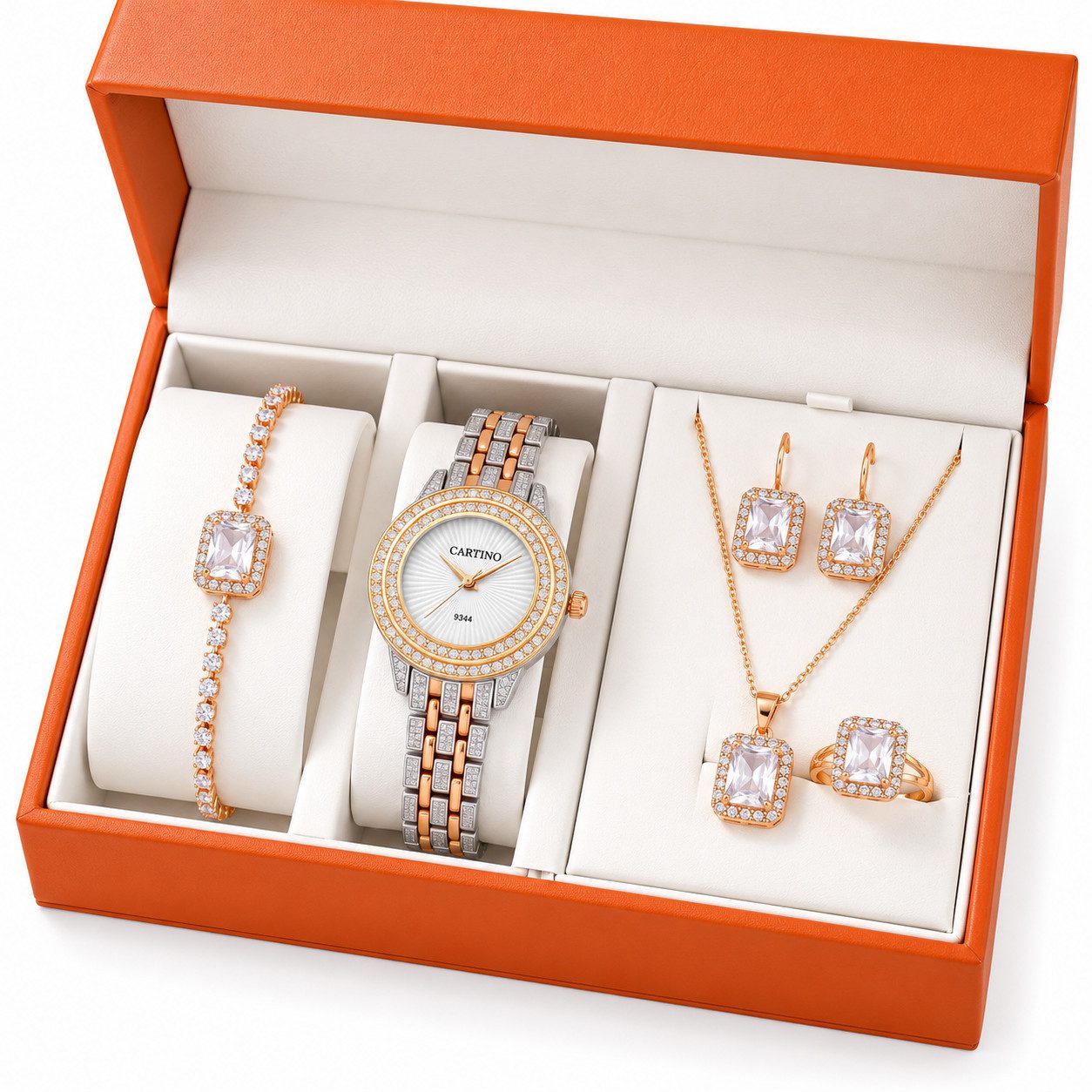 ibettertec Quarzuhr Geschenkset für Damen – Elegantes Weihnachtsgeschenk für Frauen, (Set, 1-tlg., Perfektes Geschenk für Sie, Ein zeitloses Geschenk), 5-teiliges Damen Schmuckset mit Uhr, Roségold-Silber, elegant