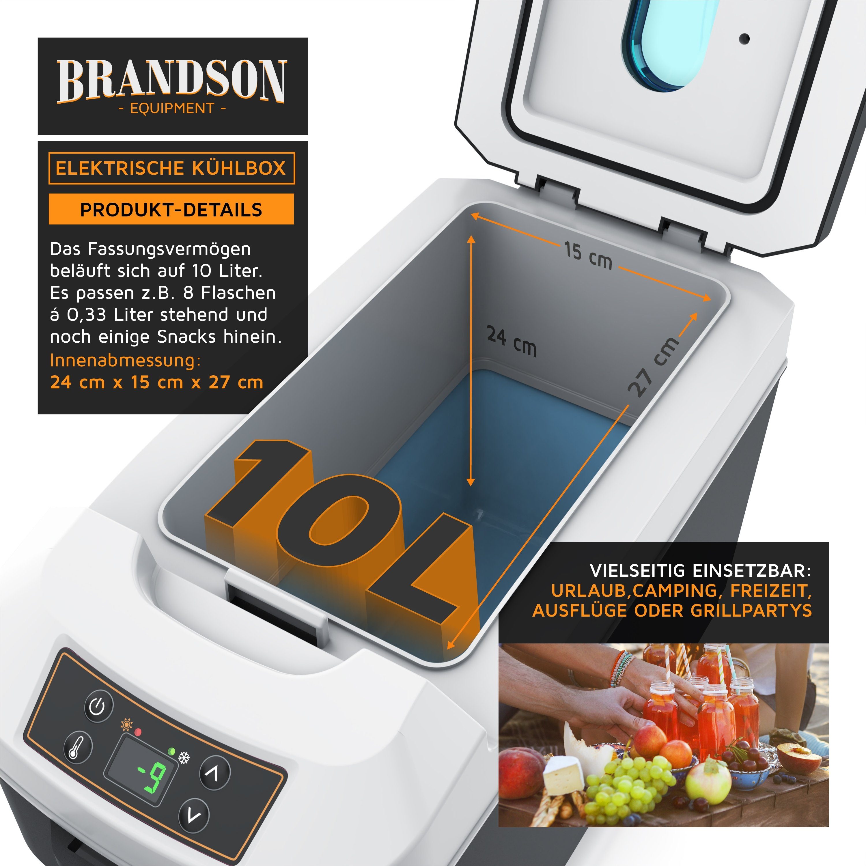 Brandson Elektrische Kühlbox 10 L, Kühlt & hält Warm, von -10 bis +65°C,  Sichtfensterdeckel, 10 l, Kühlbox elektrisch, 230 V Netzspannung und 12 V KFZ Auto Bordspannung