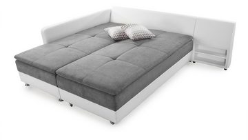 luma-home Ecksofa 15104, Dauerschläfer mit schwenkbarer Ottomane rechts 307x223 cm, Stauraum, Federkern, Boxspring, Topper, Mikrofaser Hell-Grau, Kunstleder Weiß