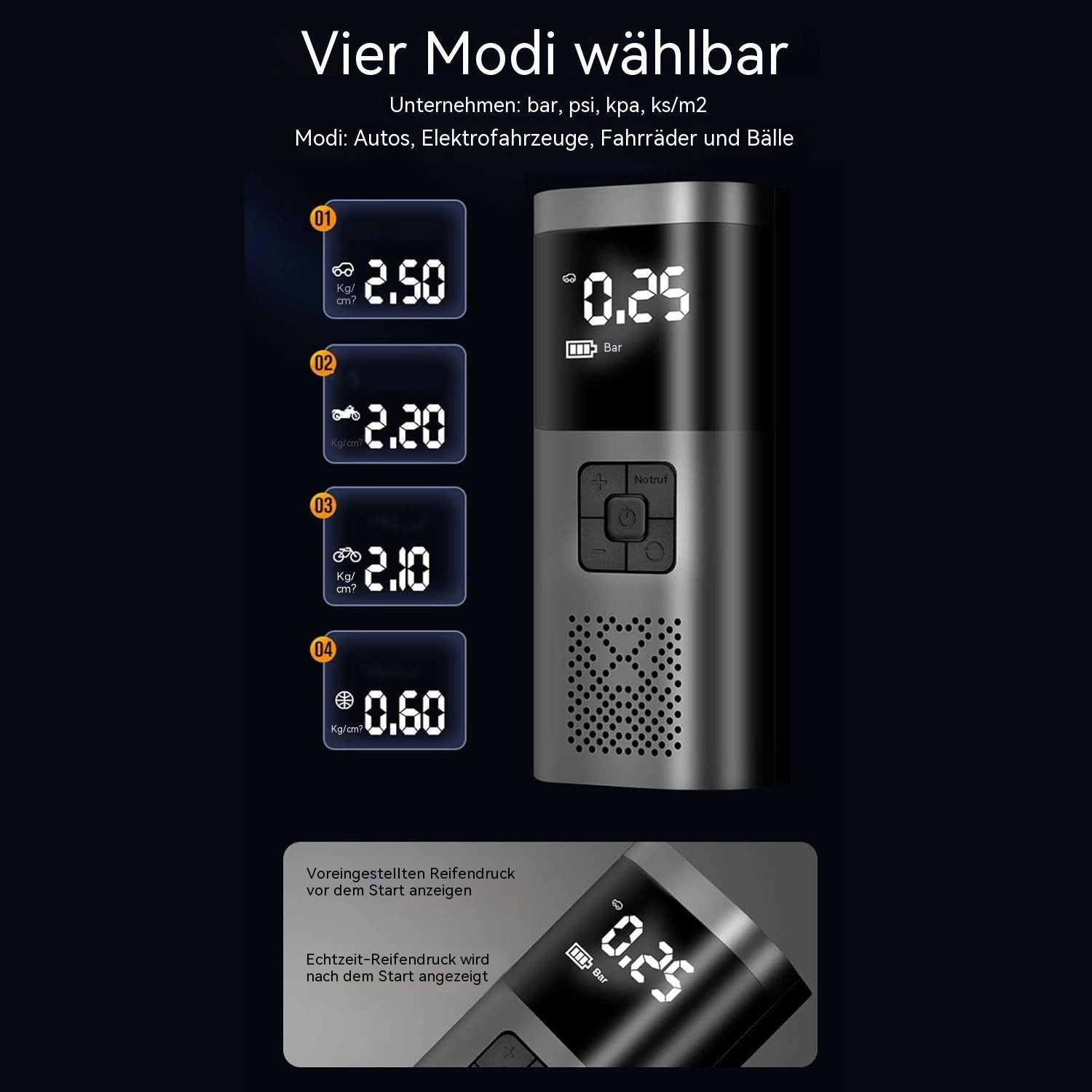 TWUFY Akku-Handkompressor Elektrische Luftpumpe 150 PSI Digital 2000mAh mit LED-Licht, für Auto, Fahrrad und mehr, 1-tlg., Tragbare Luftpumpe mit Zubehör und LE – Bild 5 von 5