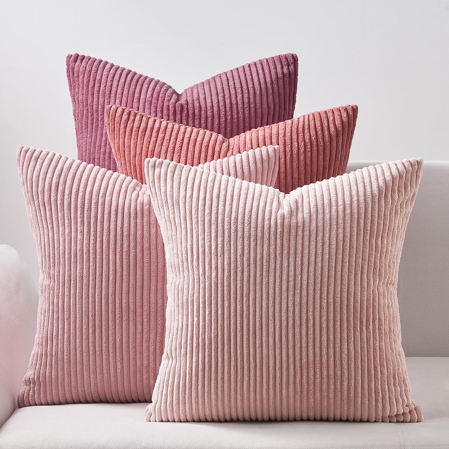 Topfinel Kissenbezüge 4er Set Kordsamt, flauschig Farbverlauf, Gestreift, kissenhülle 45x45 rosa cord kissen sofakissen kissenbezug 45x45