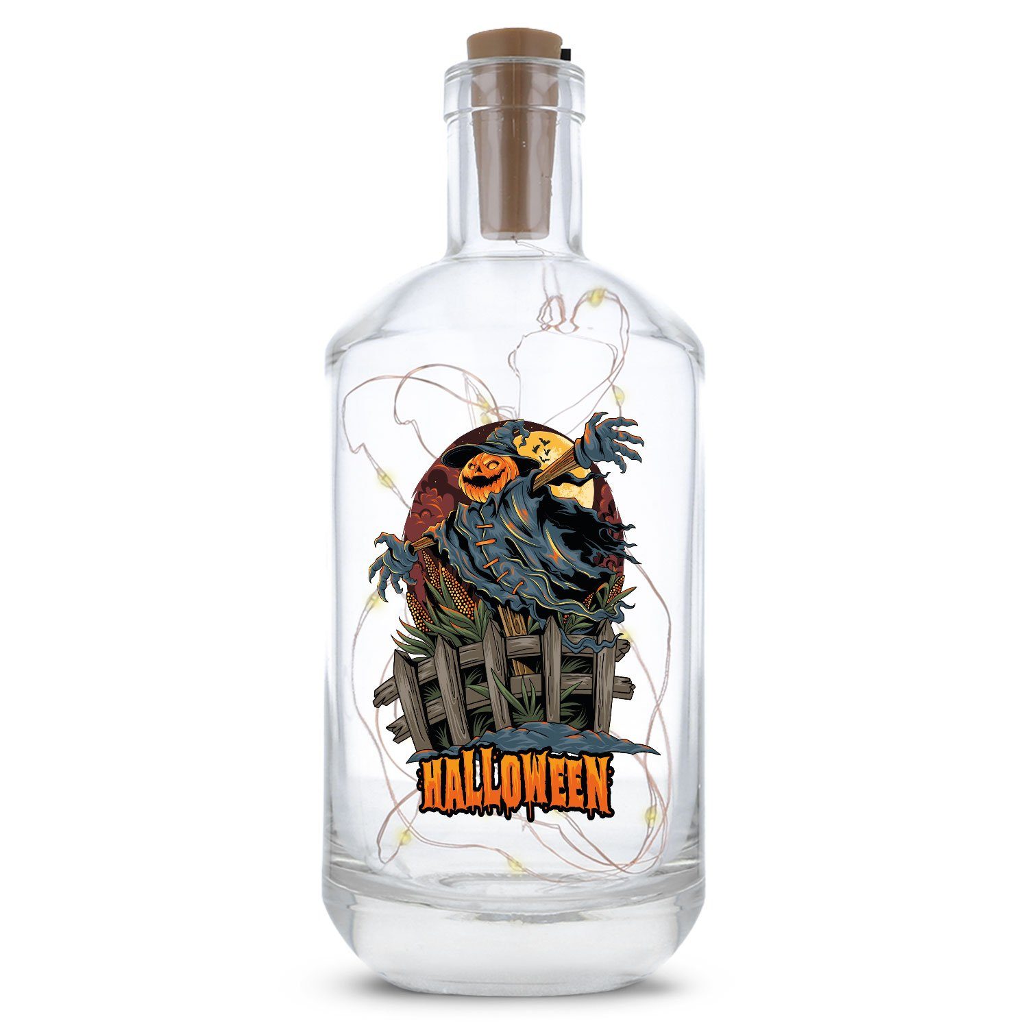 am - Flasche mit Lichterkette Drahtlichterkette GRAVURZEILE UV-Druck mit V2 20 Design, Korken im LEDs Lichterkette Schalter Halloween Vogelscheuche