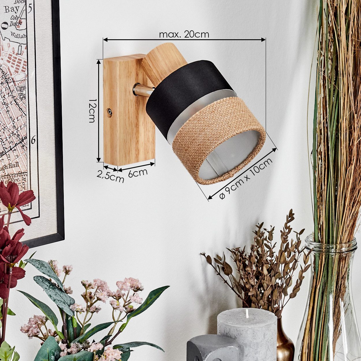 hofstein Wandleuchte Wandlampe aus Holz/Metall/Stoff/Leinen in Natur/Chrom/Schwarz/Klar, ohne Leuchtmittel, verstellbare Wandleuchte im modernen Boho-Design (Schirm 9 cm), E14