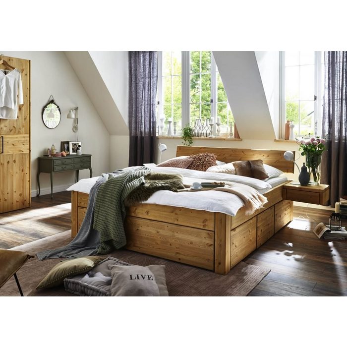 Natur24 Einzelbett Bett Randers 100x200 Kiefer massiv mit Kopfteil 1 Schubkasten 2 Blenden