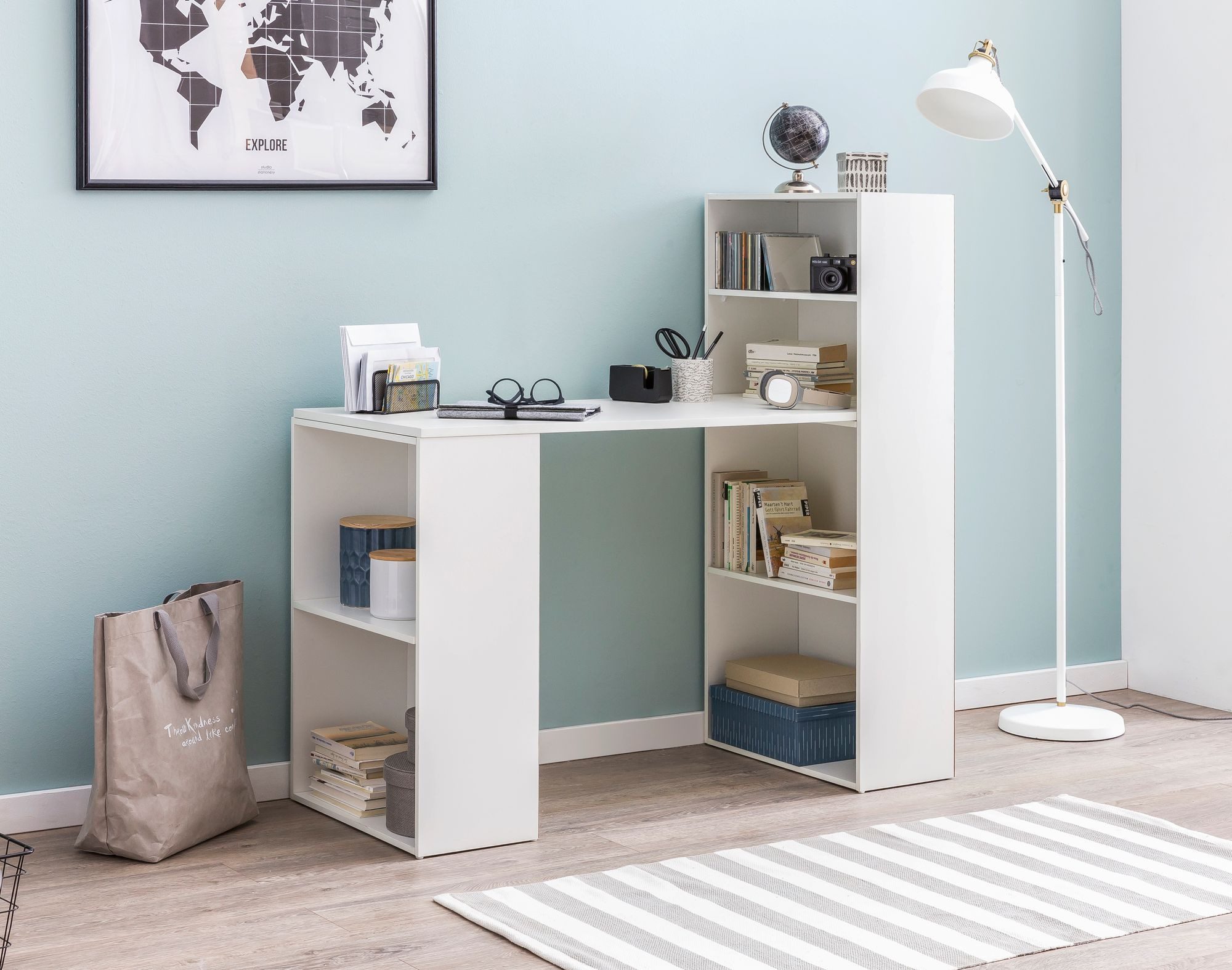 Wohnling Schreibtisch WL5.692 Regalkombination PC Tisch Bürotisch Ablage Computertisch (mit Regal 120 x 120 x 53 cm Weiß Holz Modern), Computertisch Rechteckig, Bürotisch mit Stauraum