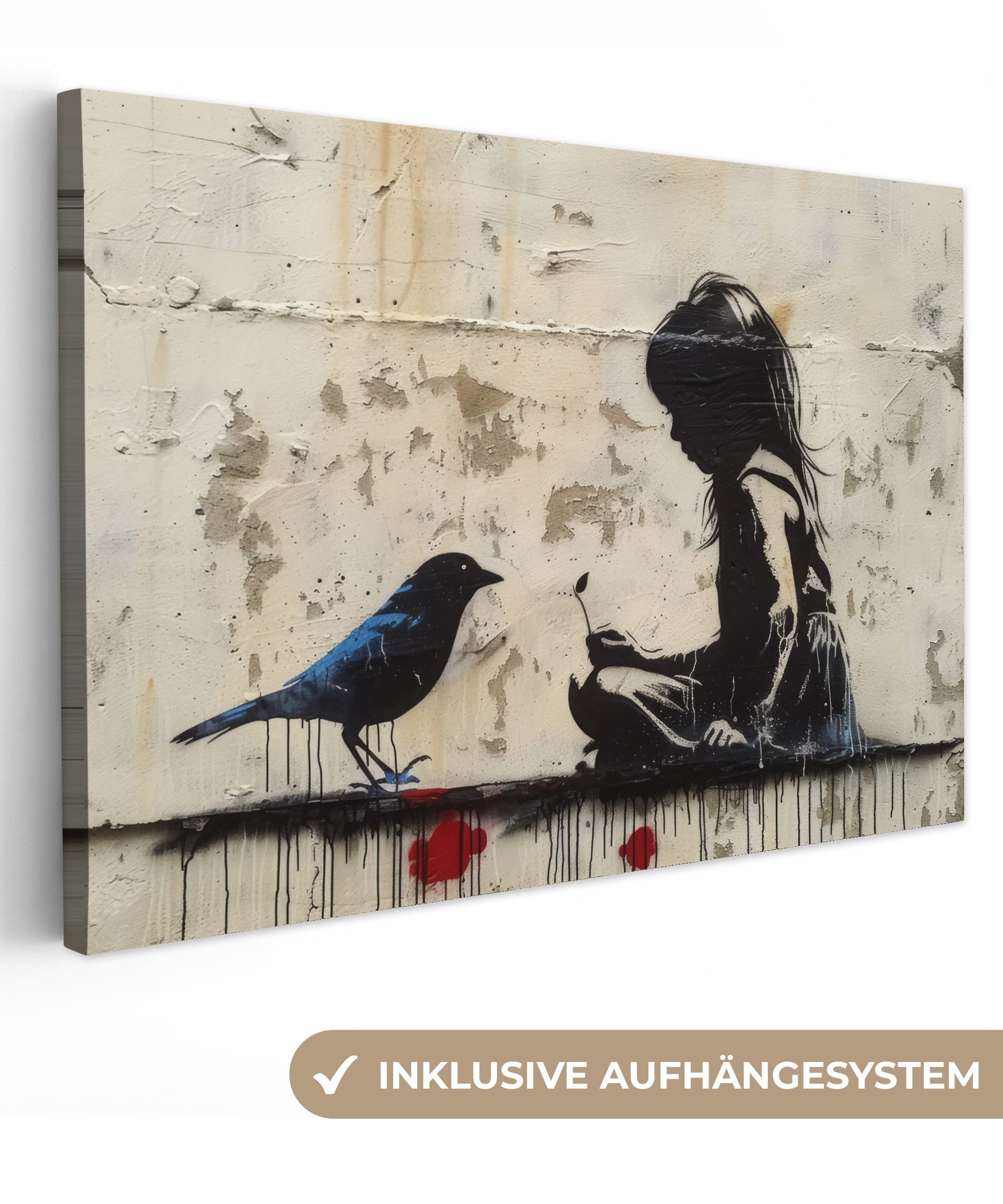 OneMillionCanvasses® Leinwandbild Mädchen - Straßenkunst - Vogel - Abstrakt - Graffiti - Modern, Beige - Street art (1 St), Wanddeko Wohnzimmer Schlafzimmer Küche 60x40 cm